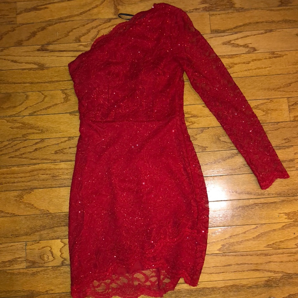 Sparkly red one shoulder party dress